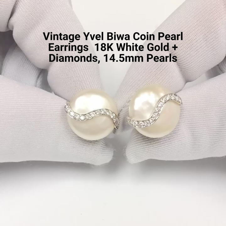 Vintage Yvel Biwa Coin Pearl Earrings 18K White Gold + Diamonds, 14.5mm Pearls