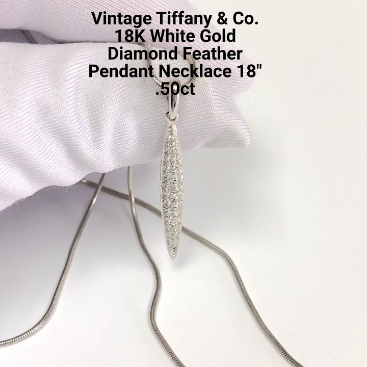 Vintage Tiffany & Co. 18K White Gold Pave Diamond Feather Pendant Necklace 18"
