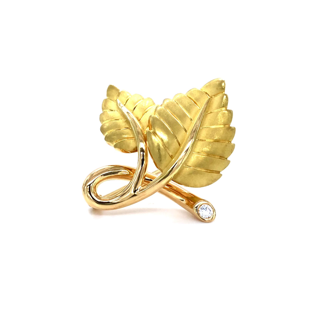 Vintage Tiffany & Co. 18K Yellow Gold Diamond Leaf Brooch Pin