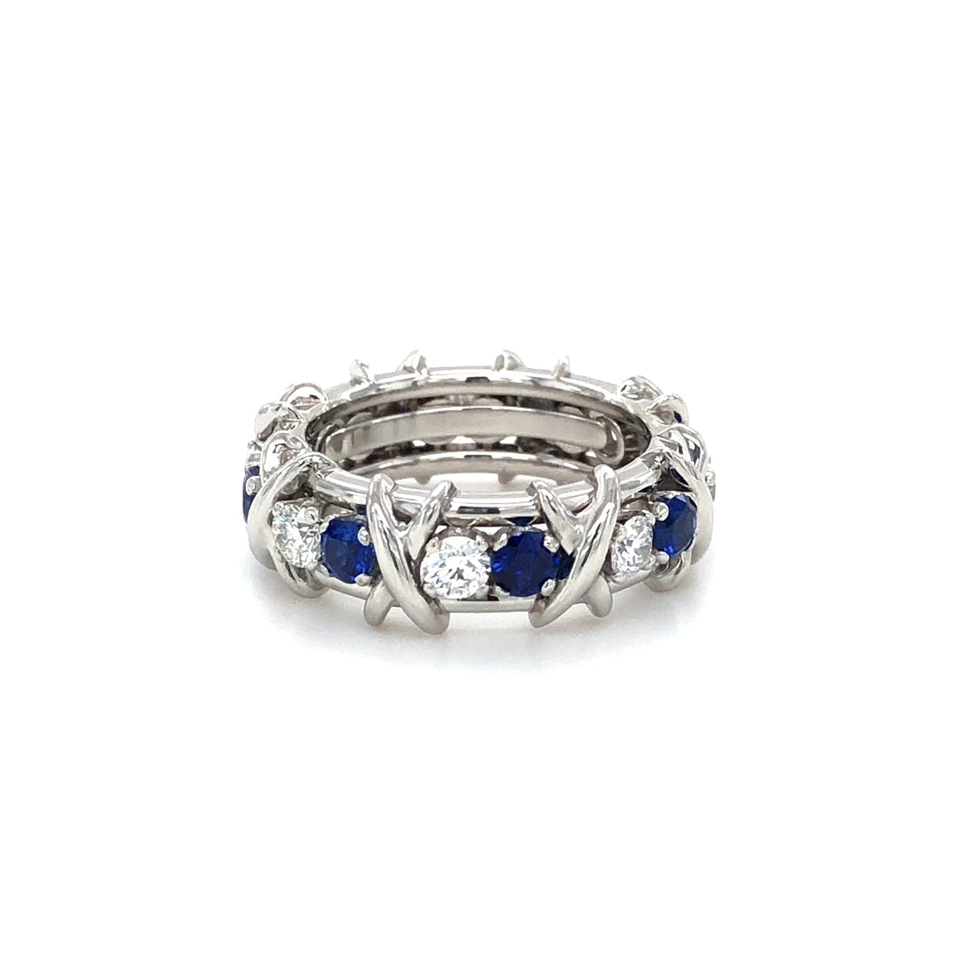 Tiffany & Co Platinum Schlumberger 16 Stone Sapphire Diamond X Ring Size 4