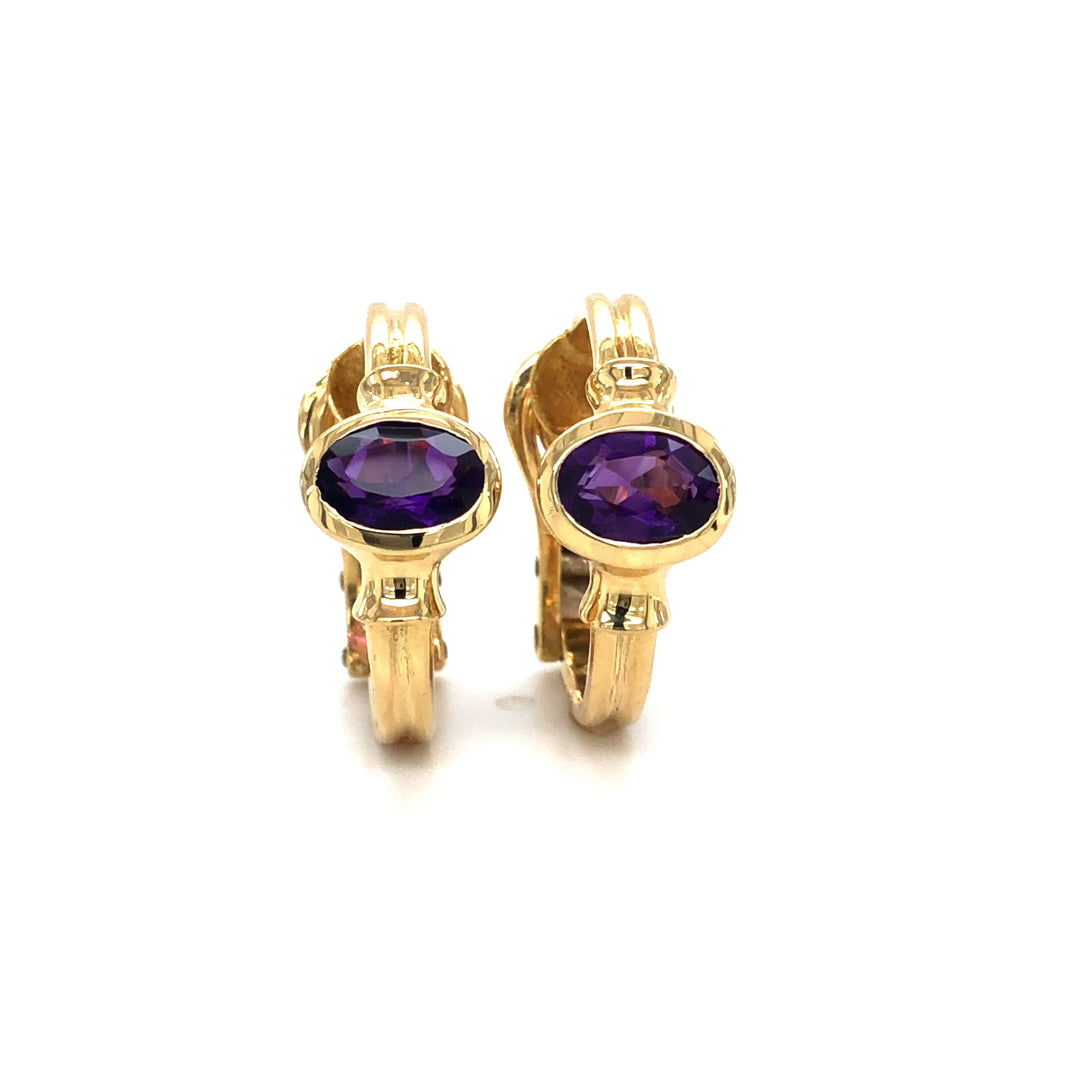 Vintage Cartier 18K Yellow Gold Oval Amethyst Huggie Clip Earrings