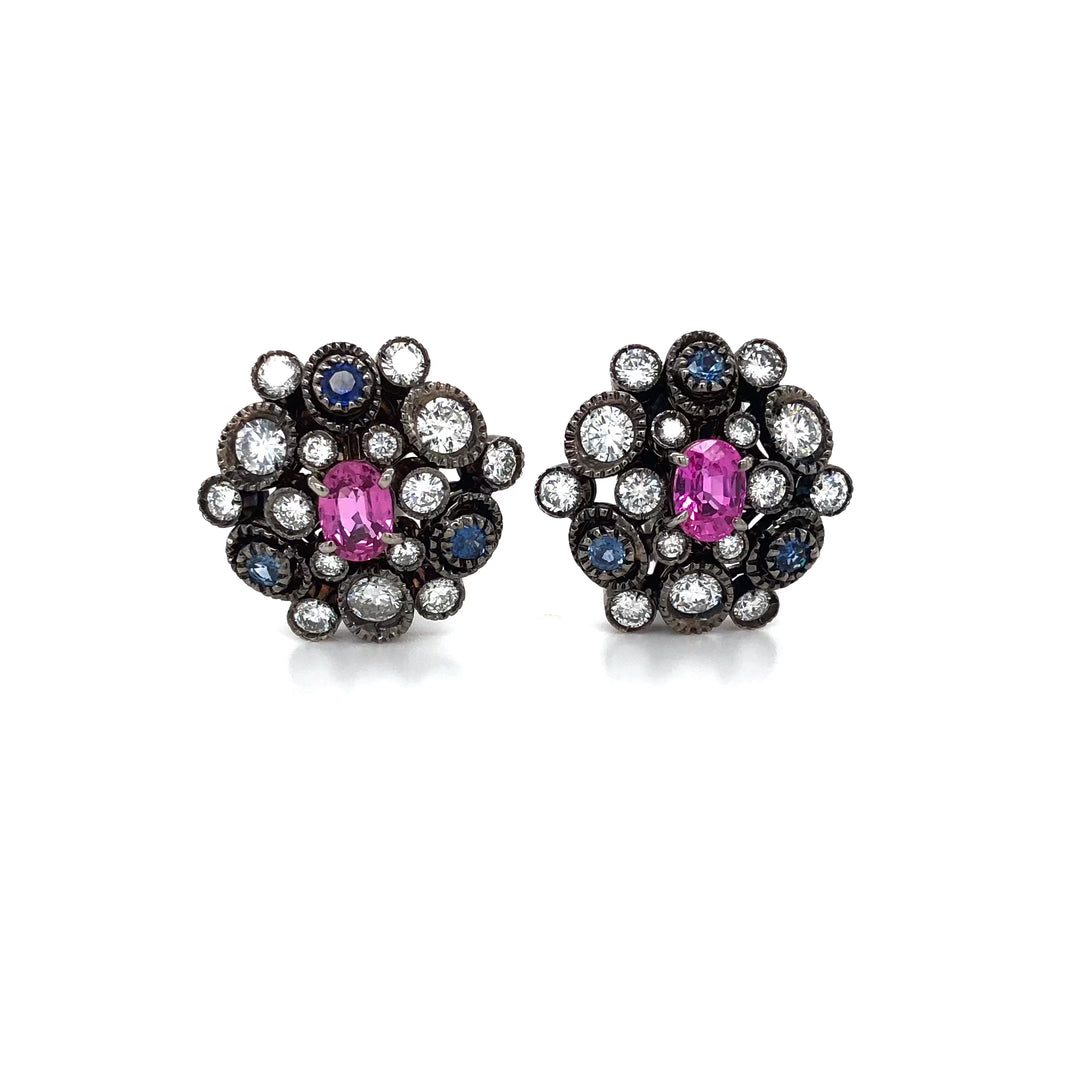 18K Gold Cluster Earrings w/ Pink & Blue Sapphires and Diamonds in Black Rhodium