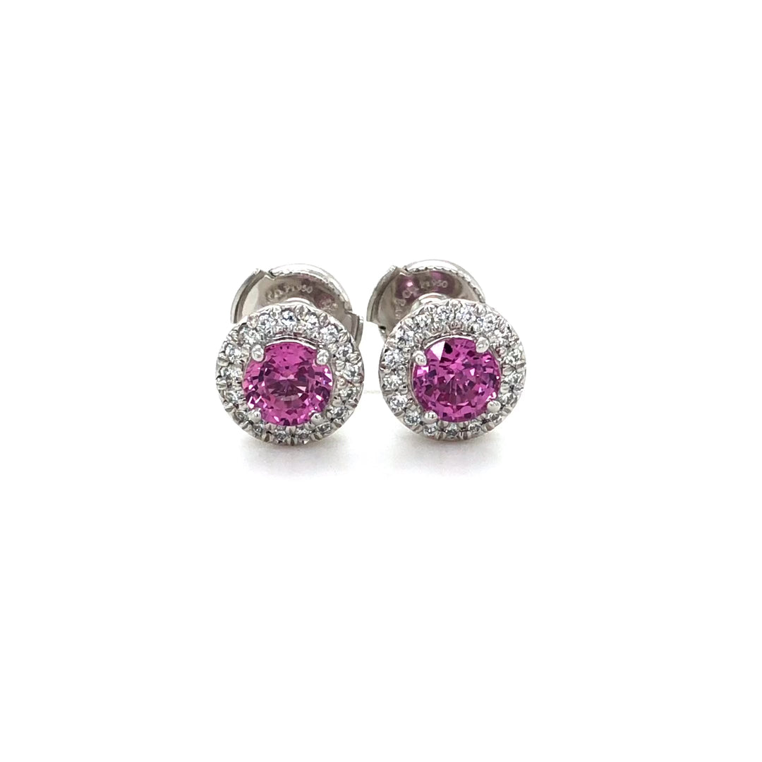 Tiffany & Co. Platinum Soleste Halo Round Pink Sapphire Diamond Stud Earrings