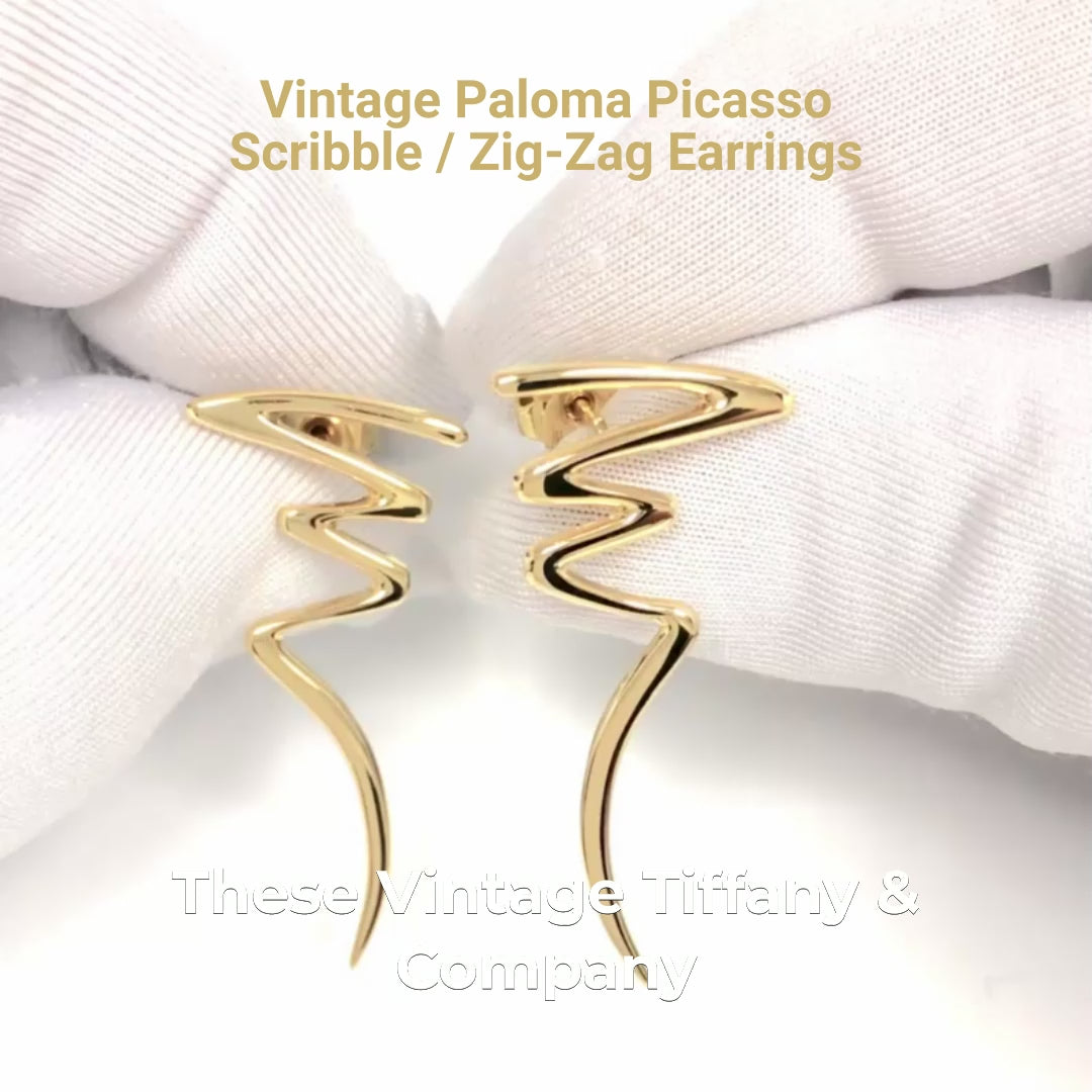 Vintage Paloma Picasso Tiffany & Co. 18K Yellow Gold Scribble Zig Zag Earrings