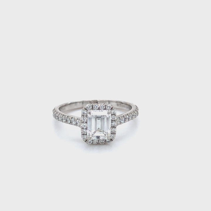 Tiffany & Co. Platinum Soleste Emerald Cut Halo Engagement Ring .97 cts Ttl. FVVS2 Diamond Band