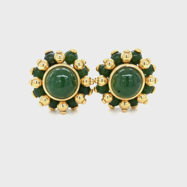 Vintage Verdura 18K Yellow Gold Cabochon Nephrite Jade Cluster Large Clip Earrings