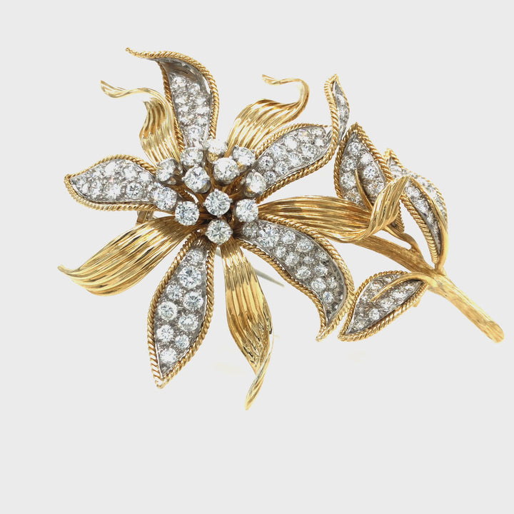 David Webb 18K Yellow Gold and Platinum En-Tremblant Diamond Flower Brooch