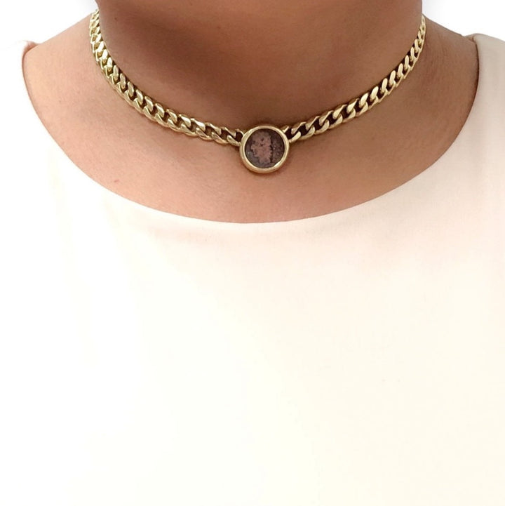 Bvlgari 18K Yellow Gold Ancient Roman Emperor Coin Choker Necklace