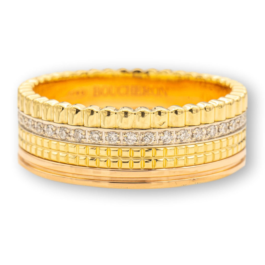 Boucheron Quatre Classique 18K Pink, Yellow and White Gold Diamond Band Ring Size 11