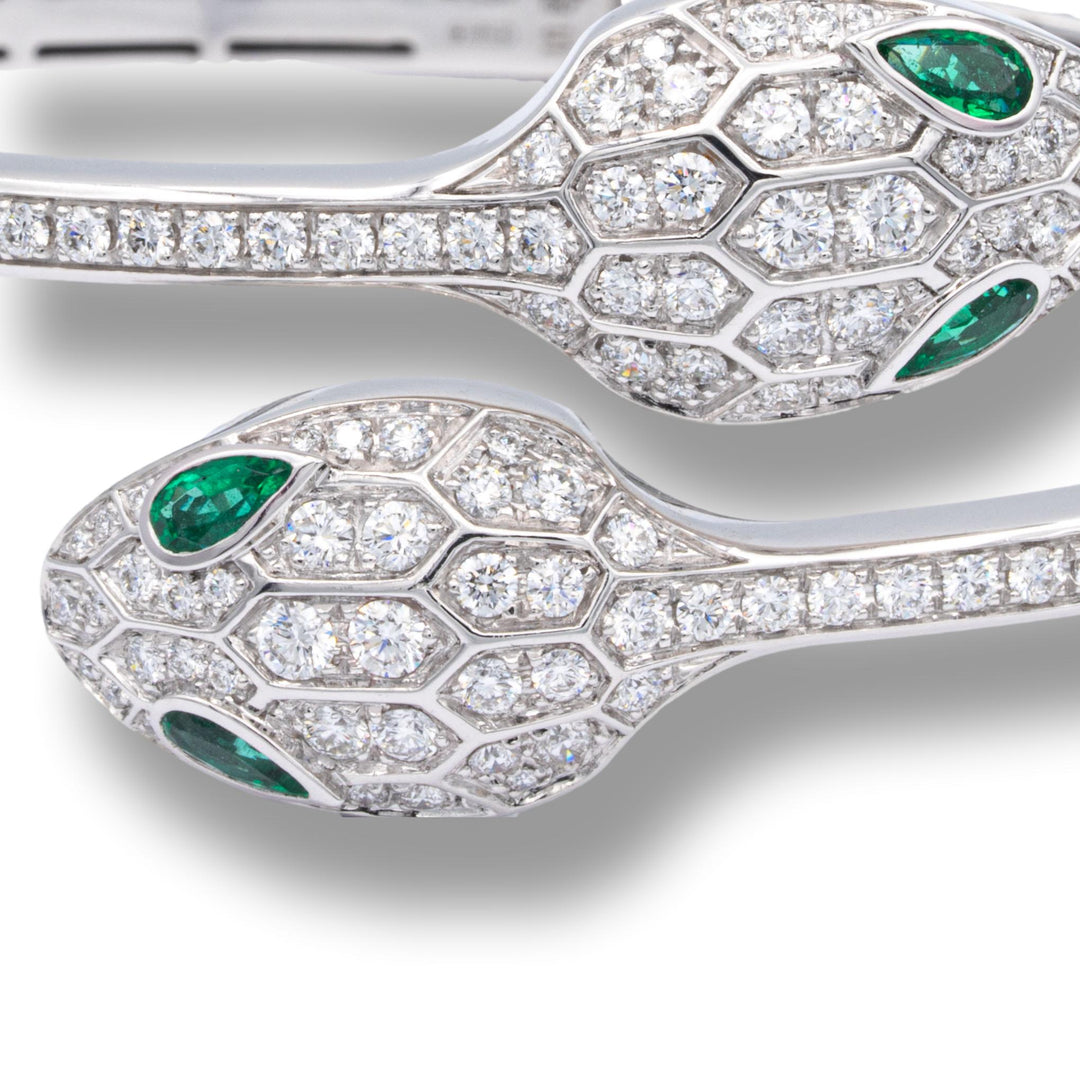 Bvlgari Serpenti Diamond  Bangle Bracelet 1.66 ct with Emerald Eyes 18K White Gold Small Size 6"