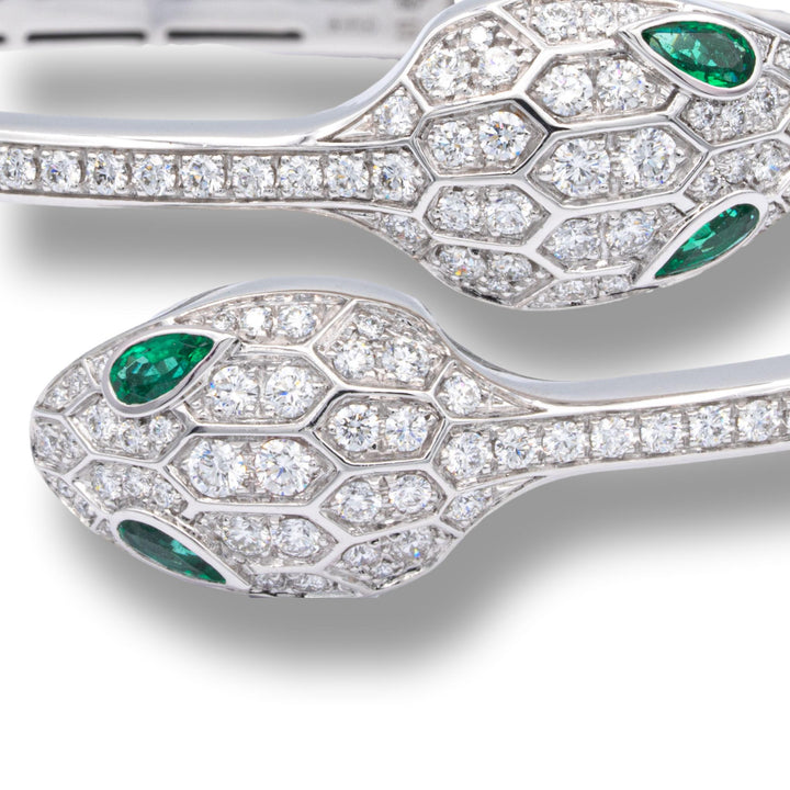 Bvlgari Serpenti Diamond  Bangle Bracelet 1.66 ct with Emerald Eyes 18K White Gold Small Size 6"