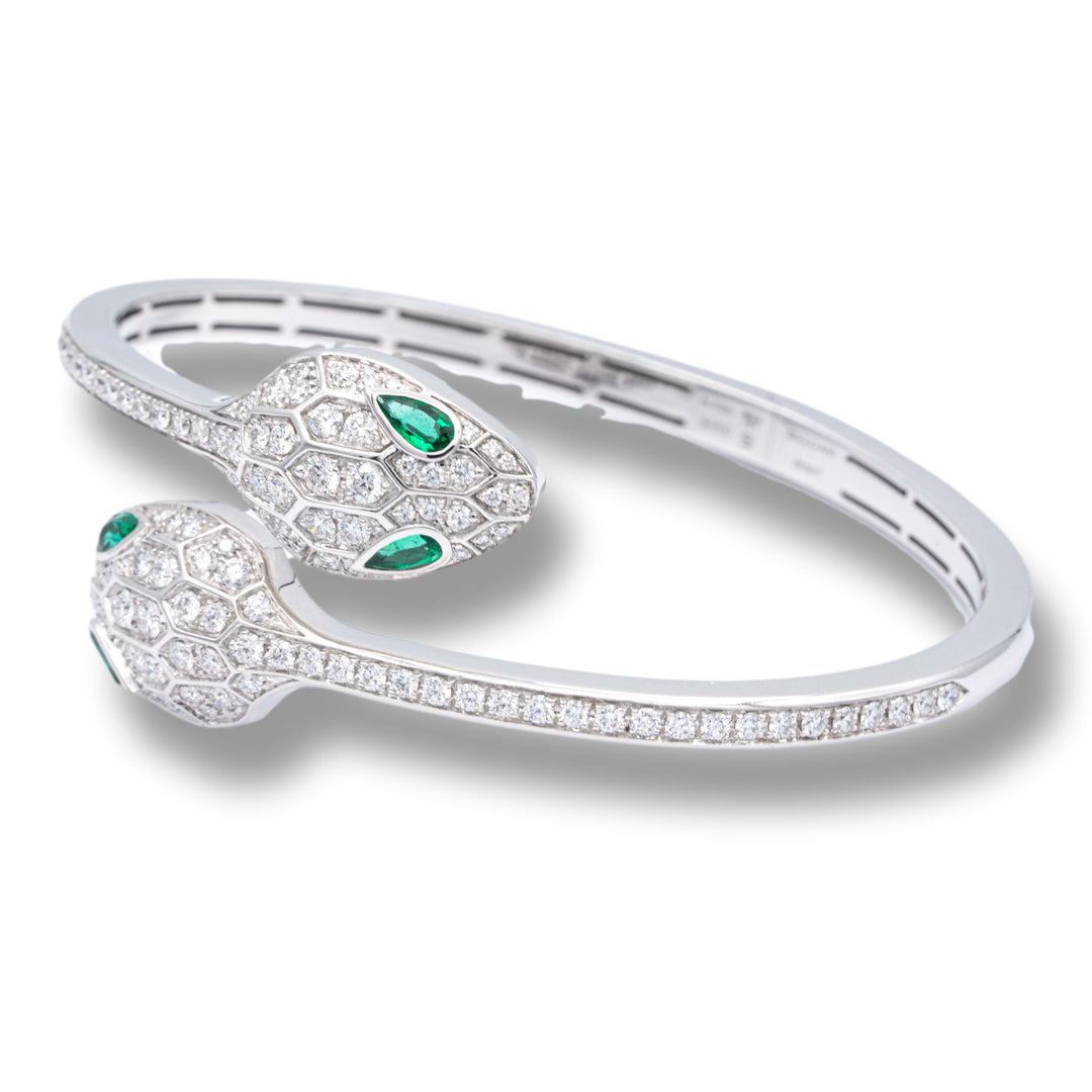 Bvlgari Serpenti Diamond  Bangle Bracelet 1.66 ct with Emerald Eyes 18K White Gold Small Size 6"