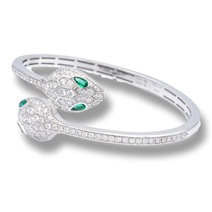 Bvlgari Serpenti Diamond  Bangle Bracelet 1.66 ct with Emerald Eyes 18K White Gold Small Size 6"