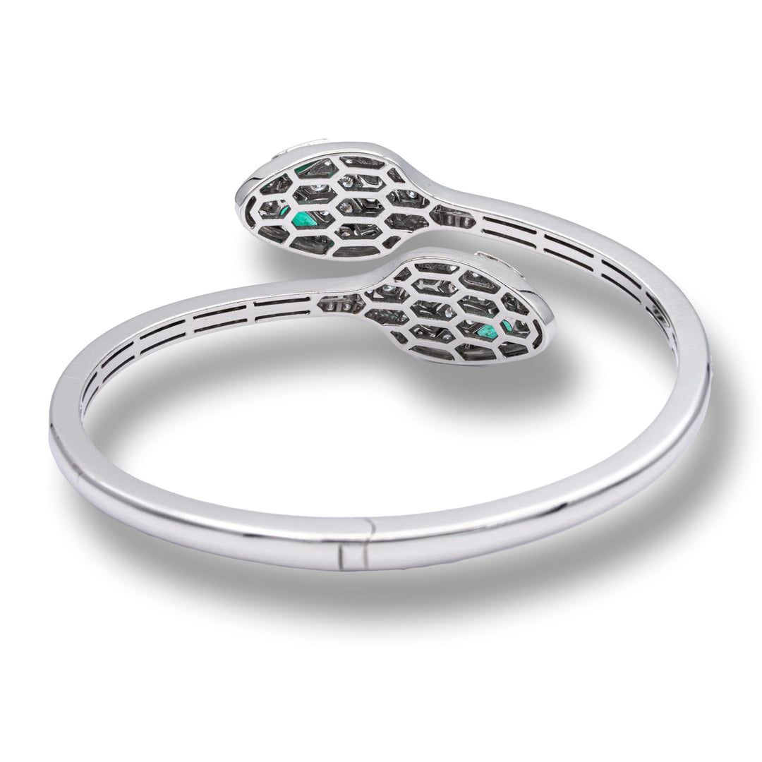 Bvlgari Serpenti Diamond  Bangle Bracelet 1.66 ct with Emerald Eyes 18K White Gold Small Size 6"