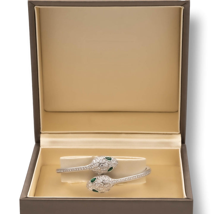 Bvlgari Serpenti Diamond  Bangle Bracelet 1.66 ct with Emerald Eyes 18K White Gold Small Size 6"