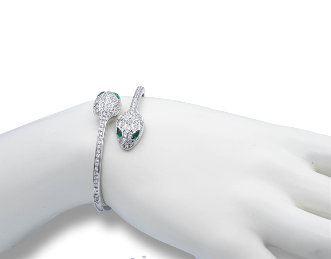 Bvlgari Serpenti Diamond  Bangle Bracelet 1.66 ct with Emerald Eyes 18K White Gold Small Size 6"