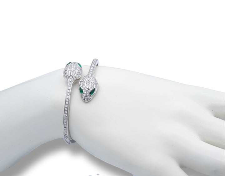 Bvlgari Serpenti Diamond  Bangle Bracelet 1.66 ct with Emerald Eyes 18K White Gold Small Size 6"