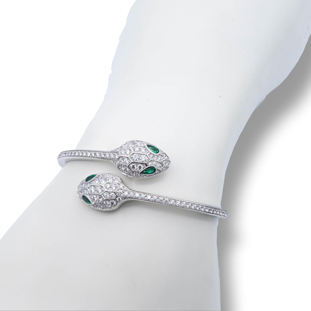 Bvlgari Serpenti Diamond  Bangle Bracelet 1.66 ct with Emerald Eyes 18K White Gold Small Size 6"