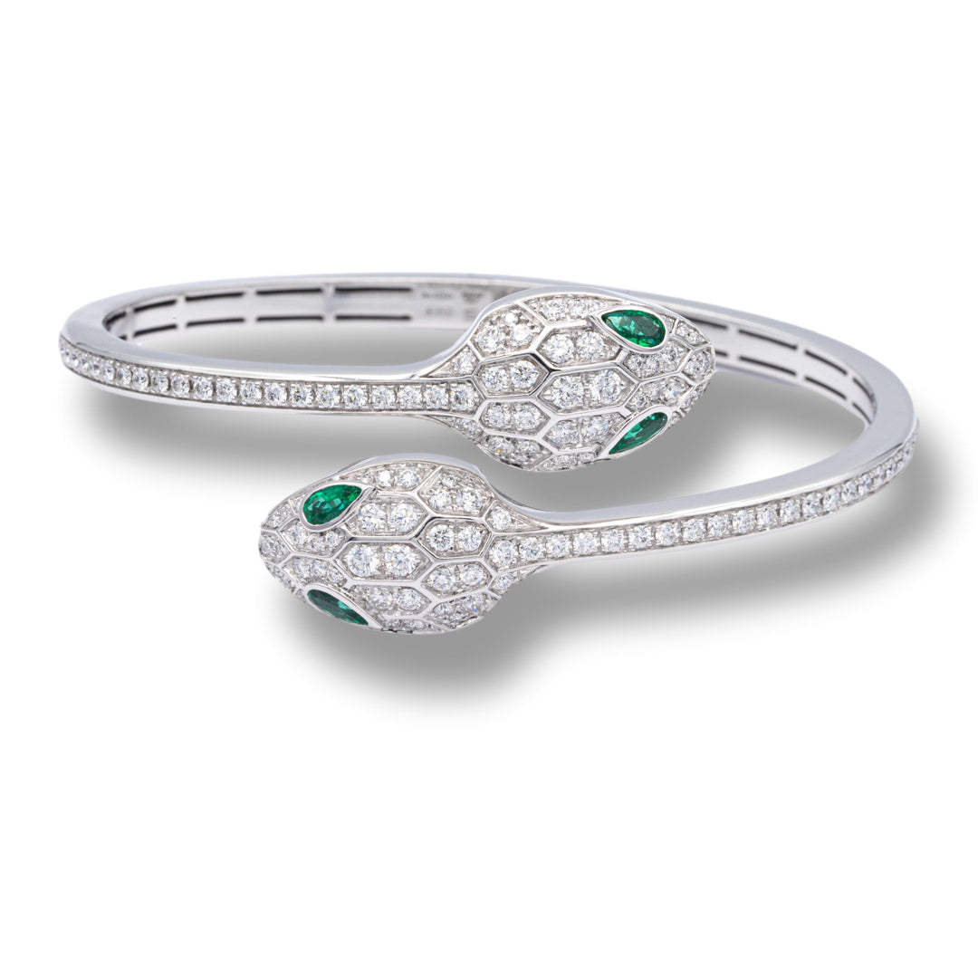 Bvlgari Serpenti Diamond  Bangle Bracelet 1.66 ct with Emerald Eyes 18K White Gold Small Size 6"