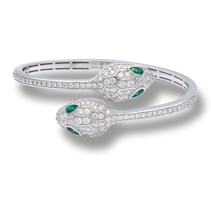 Bvlgari Serpenti Diamond  Bangle Bracelet 1.66 ct with Emerald Eyes 18K White Gold Small Size 6"