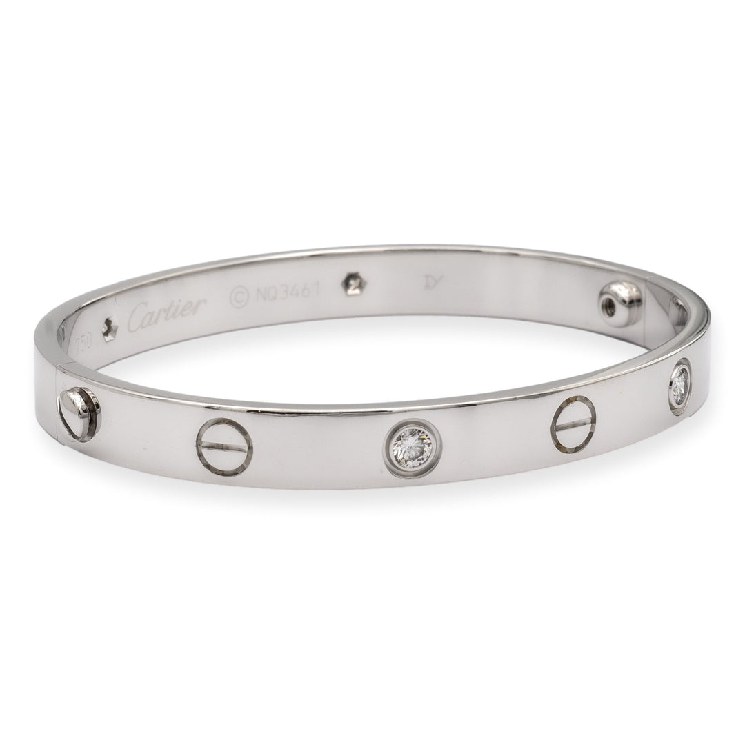 Cartier 18K White Gold Love Bracelet Bangle 4 Diamonds Size 16