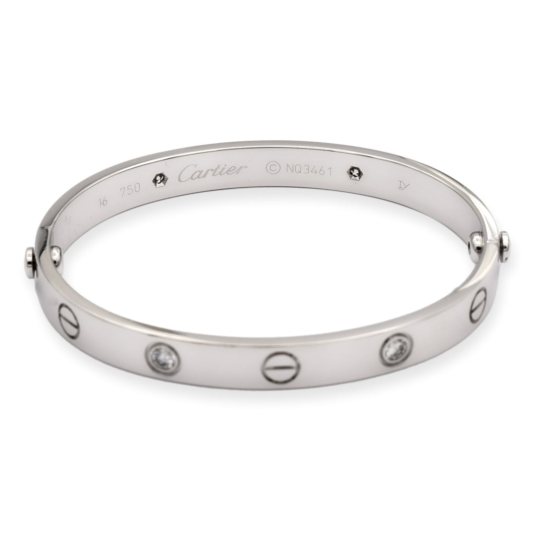 Cartier 18K White Gold Love Bracelet Bangle 4 Diamonds Size 16