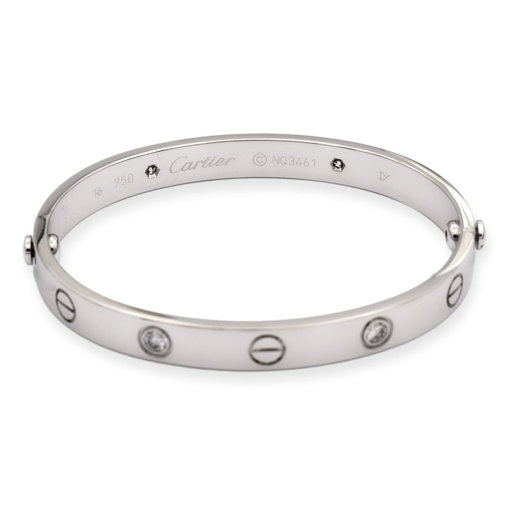 Cartier 18K White Gold Love Bracelet Bangle 4 Diamonds Size 16