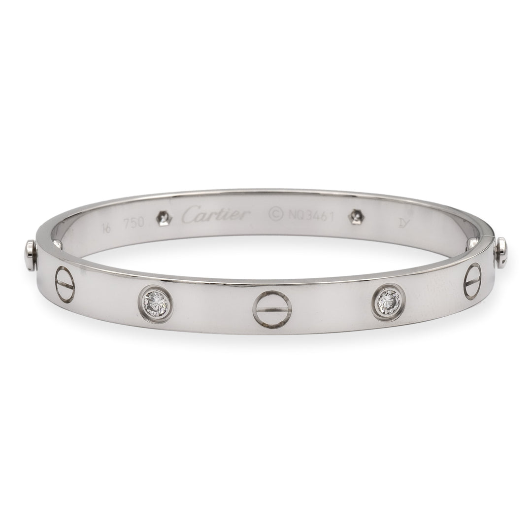 Cartier 18K White Gold Love Bracelet Bangle 4 Diamonds Size 16