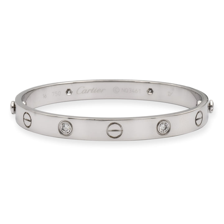 Cartier 18K White Gold Love Bracelet Bangle 4 Diamonds Size 16