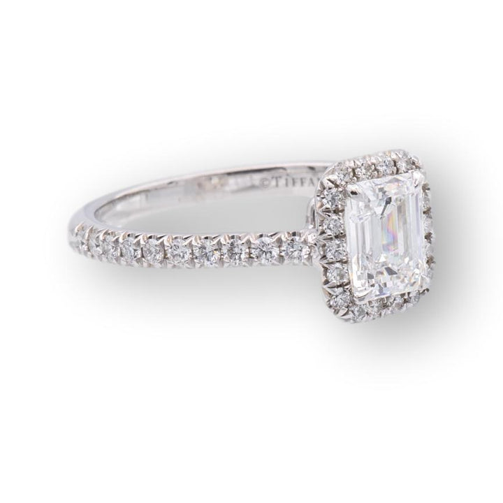 Tiffany & Co. Platinum Soleste Emerald Cut Halo Engagement Ring .97 cts Ttl. FVVS2 Diamond Band