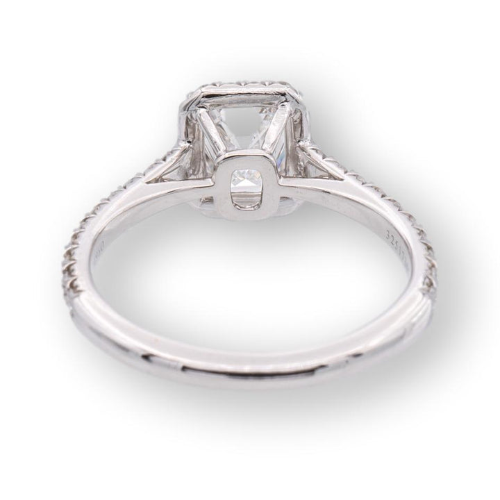Tiffany & Co. Platinum Soleste Emerald Cut Halo Engagement Ring .97 cts Ttl. FVVS2 Diamond Band