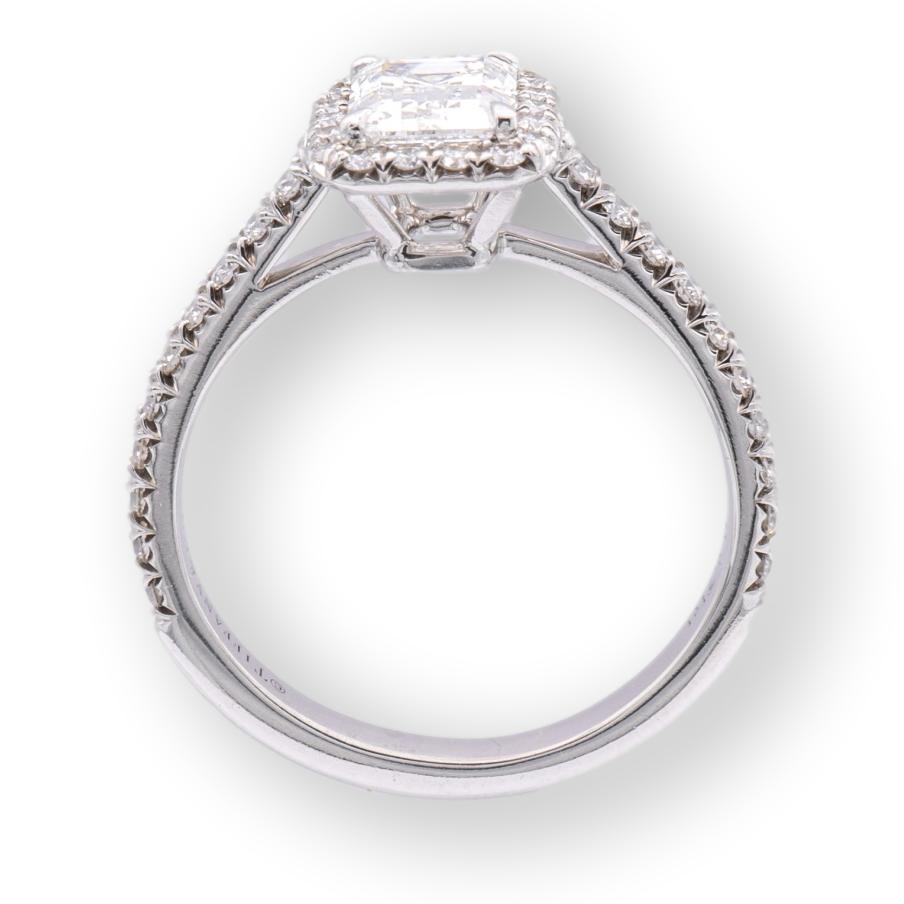 Tiffany & Co. Platinum Soleste Emerald Cut Halo Engagement Ring .97 cts Ttl. FVVS2 Diamond Band
