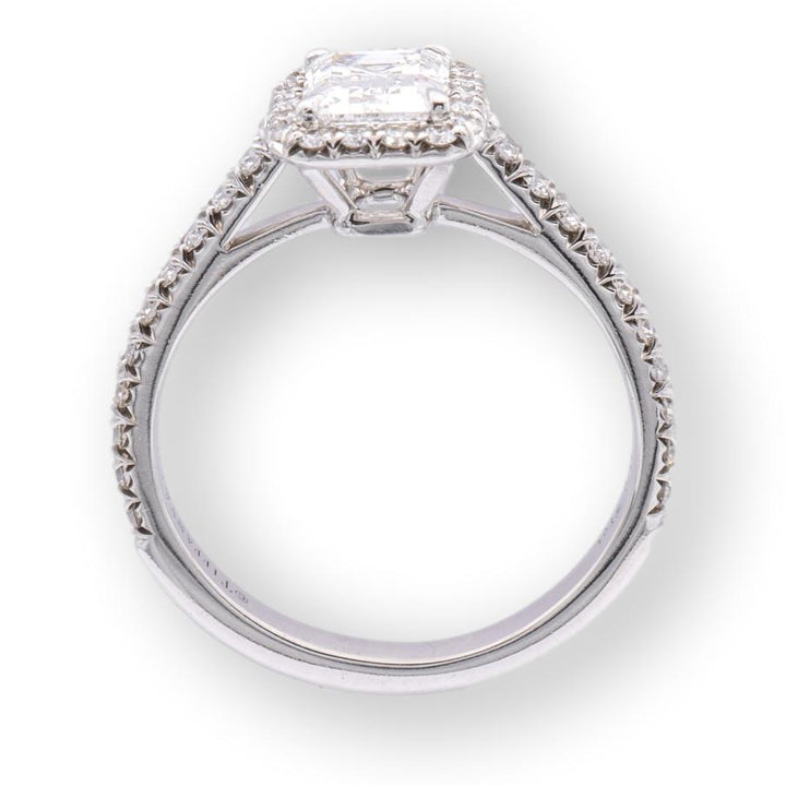 Tiffany & Co. Platinum Soleste Emerald Cut Halo Engagement Ring .97 cts Ttl. FVVS2 Diamond Band