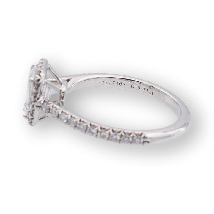 Tiffany & Co. Platinum Soleste Emerald Cut Halo Engagement Ring .97 cts Ttl. FVVS2 Diamond Band