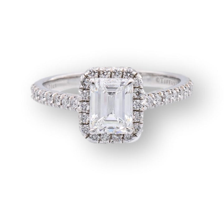 Tiffany & Co. Platinum Soleste Emerald Cut Halo Engagement Ring .97 cts Ttl. FVVS2 Diamond Band