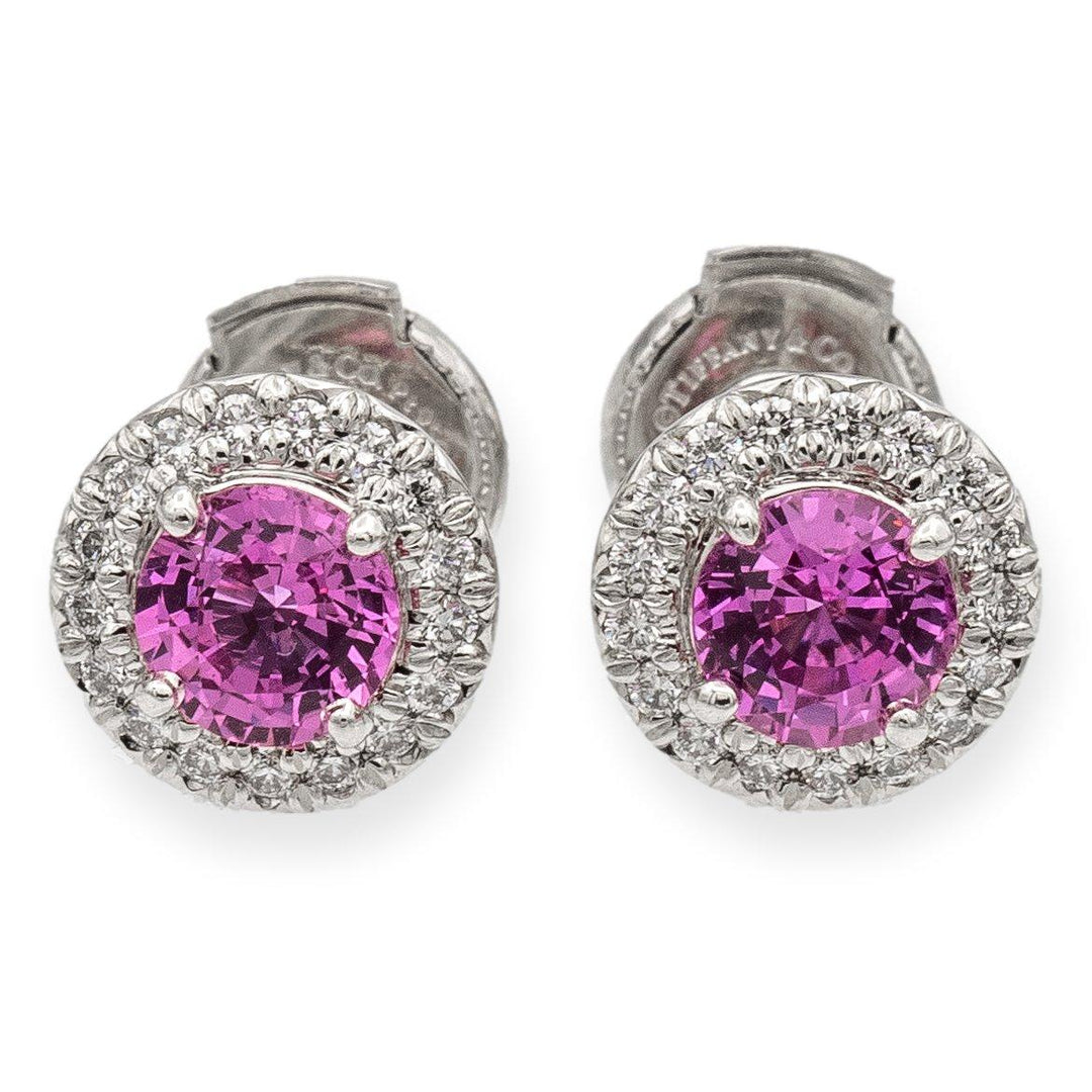 Tiffany & Co. Platinum Soleste Halo Round Pink Sapphire Diamond Stud Earrings