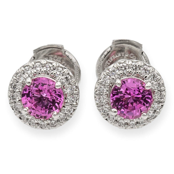 Tiffany & Co. Platinum Soleste Halo Round Pink Sapphire Diamond Stud Earrings