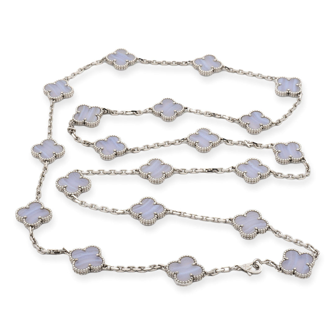 Van Cleef & Arpels 18K White Gold Vintage Alhambra 20 Motif Chalcedony Necklace