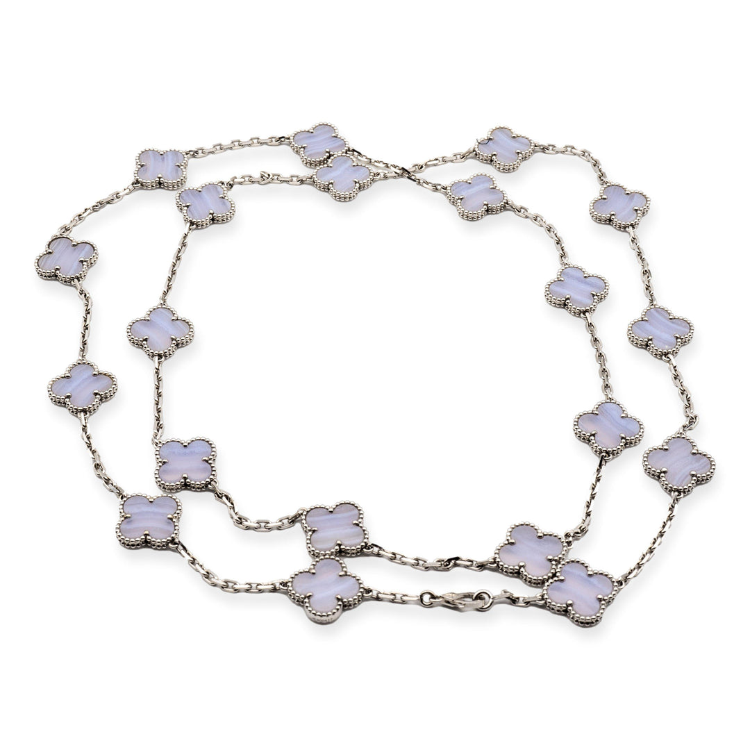 Van Cleef & Arpels 18K White Gold Vintage Alhambra 20 Motif Chalcedony Necklace