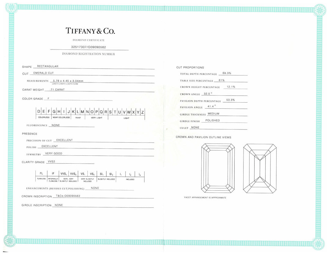 Tiffany & Co. Platinum Soleste Emerald Cut Halo Engagement Ring .97 cts Ttl. FVVS2 Diamond Band