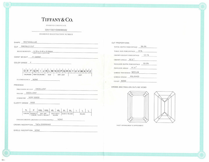 Tiffany & Co. Platinum Soleste Emerald Cut Halo Engagement Ring .97 cts Ttl. FVVS2 Diamond Band
