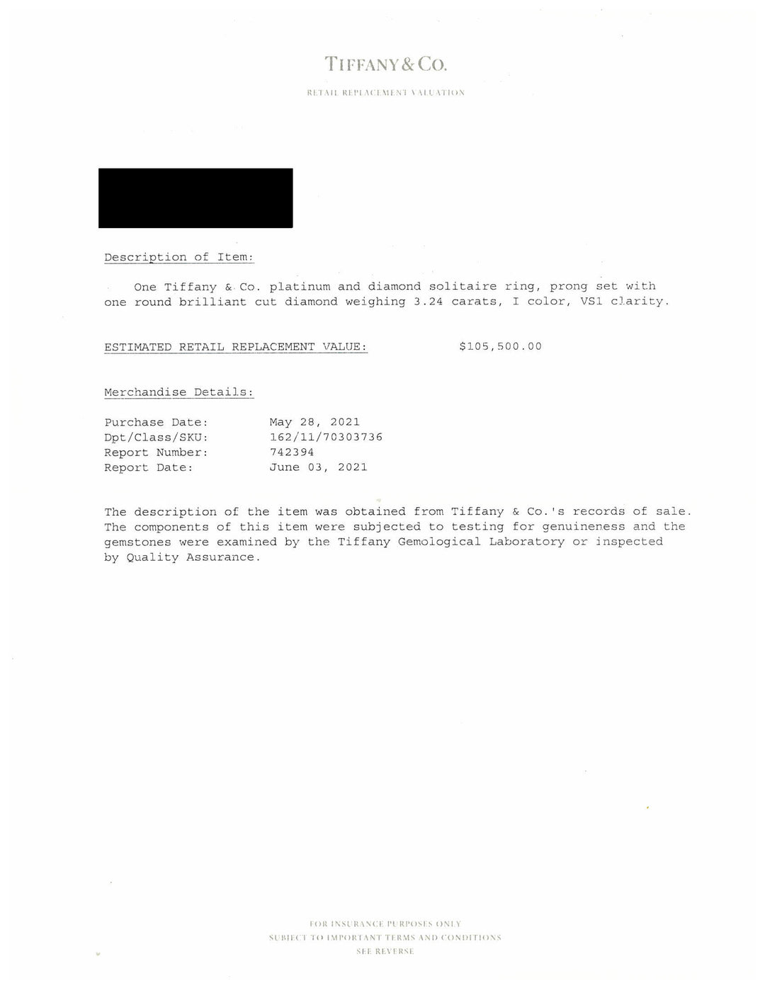 Tiffany & Co. Platinum Round Diamond Solitaire Engagement Ring 3.24 Ct IVS1