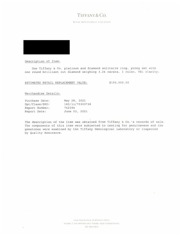 Tiffany & Co. Platinum Round Diamond Solitaire Engagement Ring 3.24 Ct IVS1