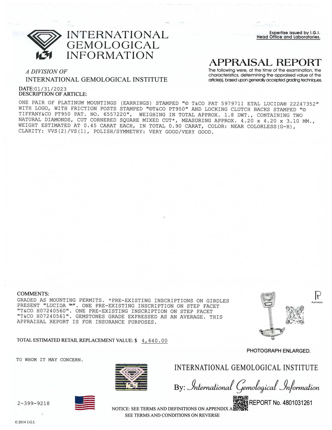 Tiffany & Co. Platinum Lucida Diamond Stud Earrings .90 cts TW G-H VVS