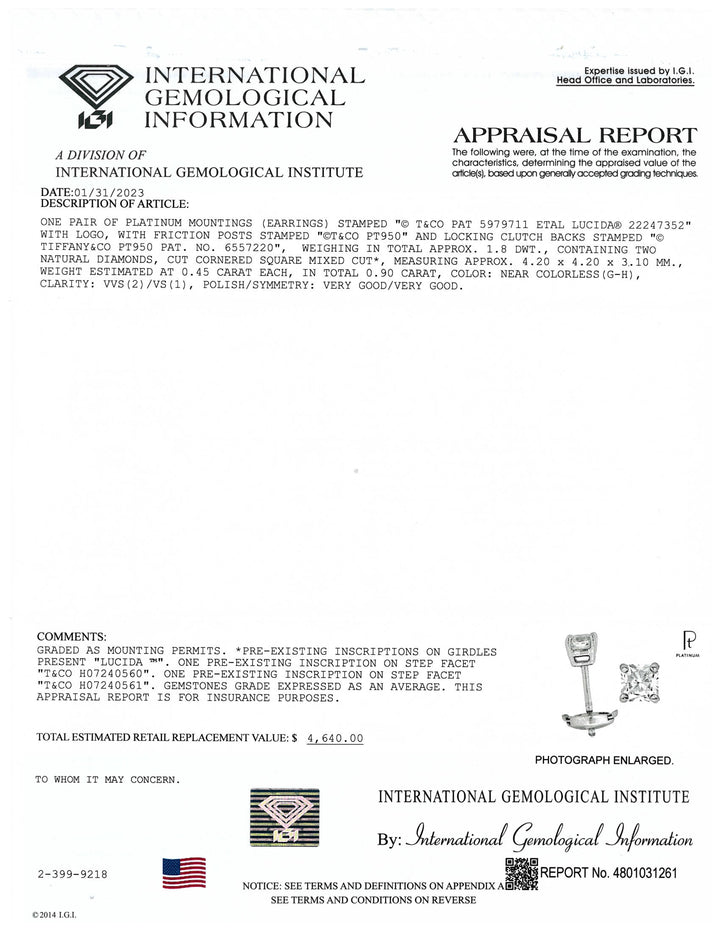 Tiffany & Co. Platinum Lucida Diamond Stud Earrings .90 cts TW G-H VVS