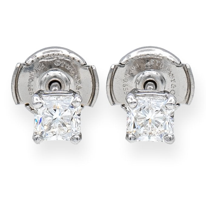 Tiffany & Co. Platinum Lucida Diamond Stud Earrings .90 cts TW G-H VVS