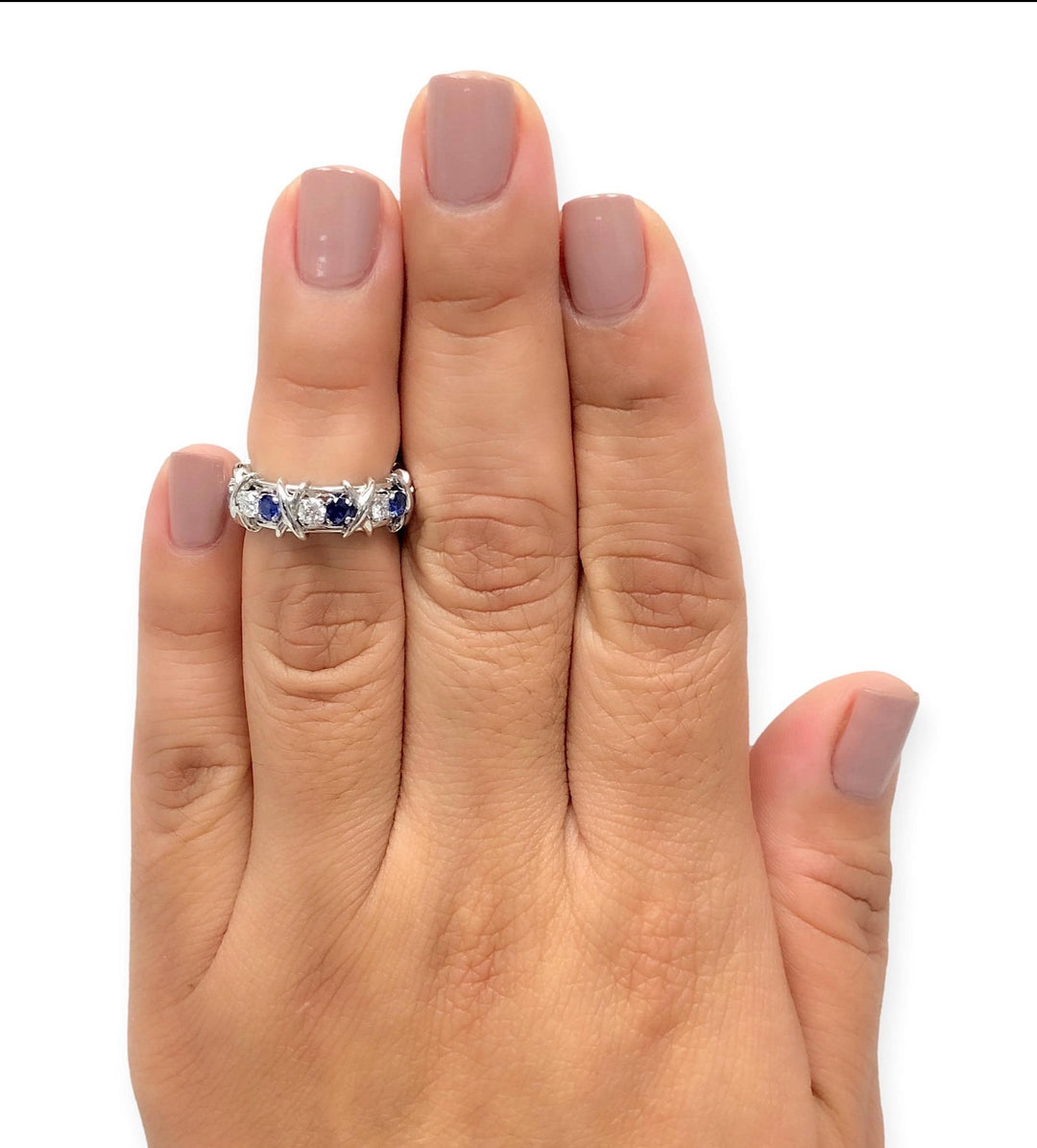 Tiffany & Co Platinum Schlumberger 16 Stone Sapphire Diamond X Ring Size 4