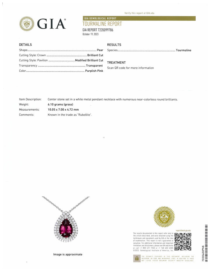 Tiffany & Co. Platinum Soleste Pear Shape Rubellite Diamond Pendant Necklace