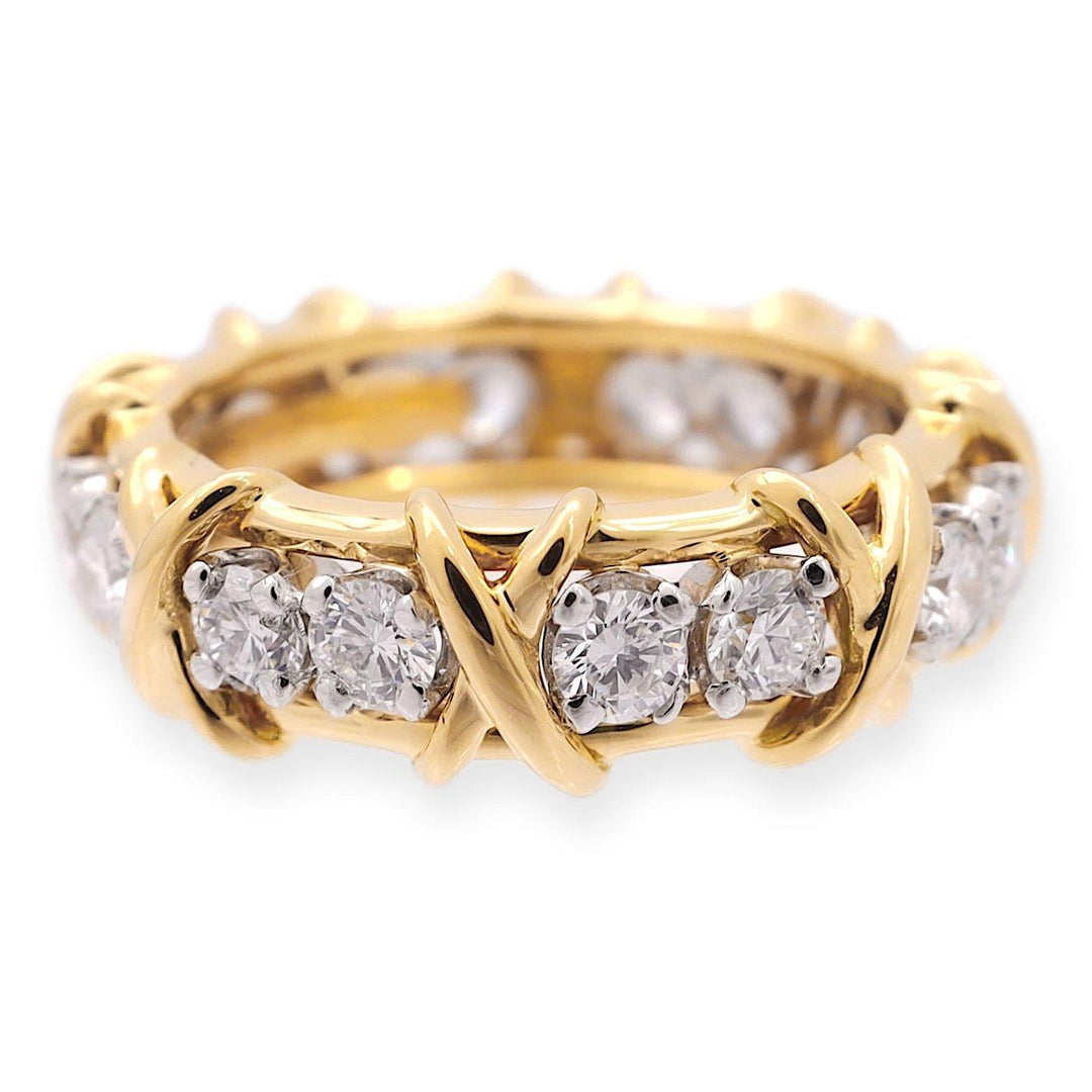 Tiffany & Co. Platinum and 18KY Gold Schlumberger 16 Stone Diamond X Ring Size 6