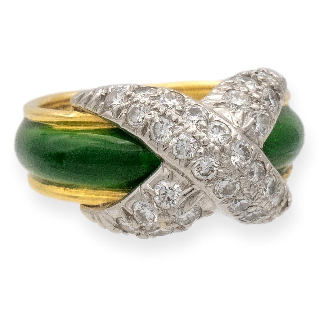 Tiffany & Co. Platinum 18K Yellow Gold Diamond X Schlumberger Green Enamel Ring